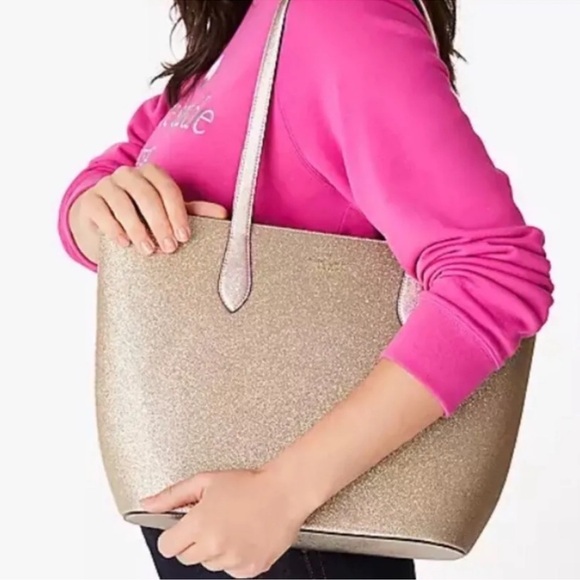 kate spade Handbags - NWT Kate Spade Glimmer Large Top Zip Tote Shoulder Bag Gold Glitter NEW W/ Tags